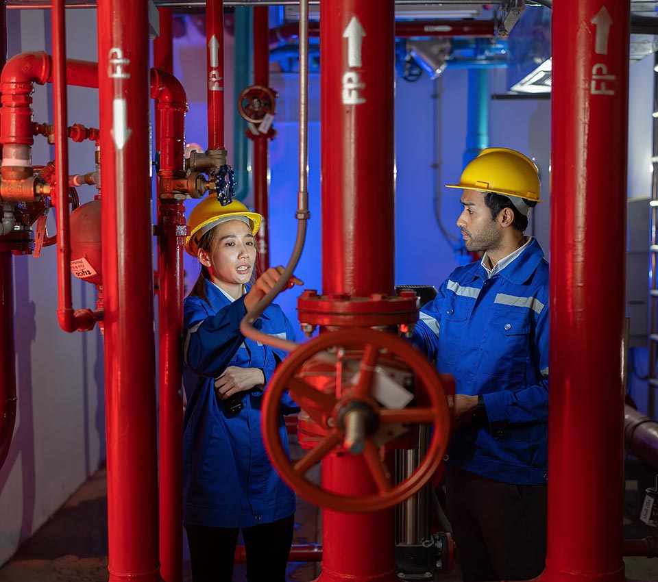 An engineer checking the underground fire protection system of a building while talking with walkie talkie checking and operate trouble shooting defective spray nozzle head valve at the red pipeline